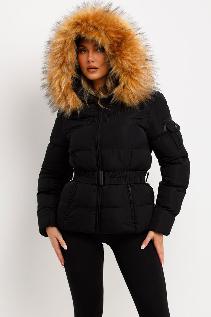 Maisyn | Women’s belted puffer jacket with faux fur hood