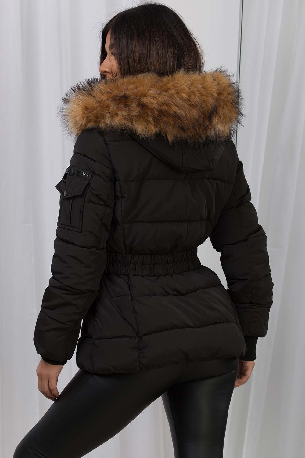 Maisyn | Women’s belted puffer jacket with faux fur hood