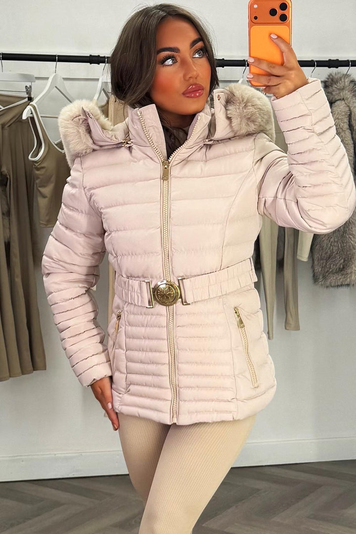 Galilea | Women’s belted puffer jacket with faux fur hood