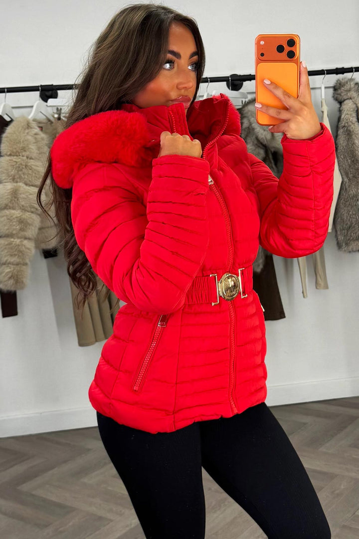 Yara | Women’s fitted puffer jacket with faux fur hood and belt