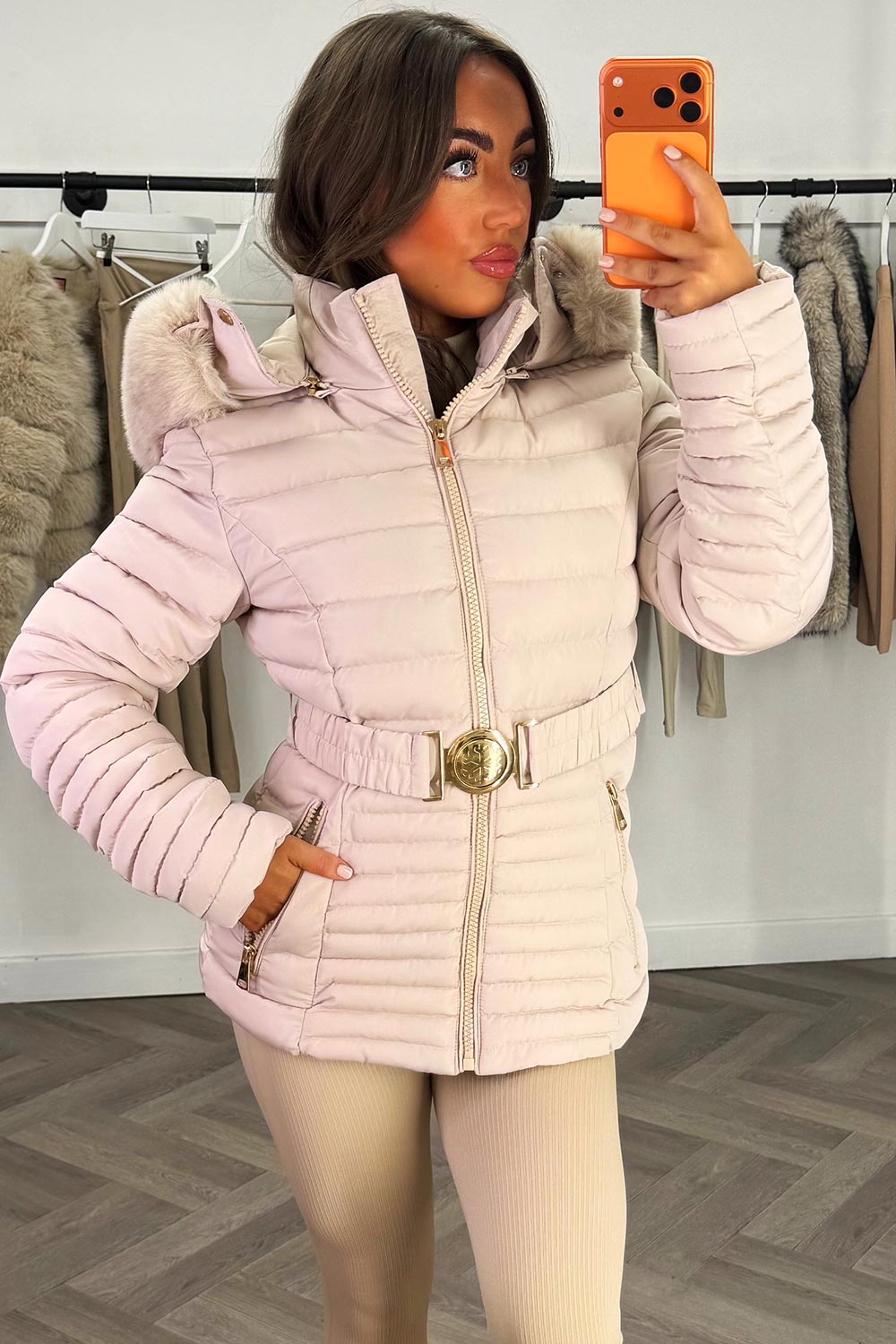 Galilea | Women’s belted puffer jacket with faux fur hood