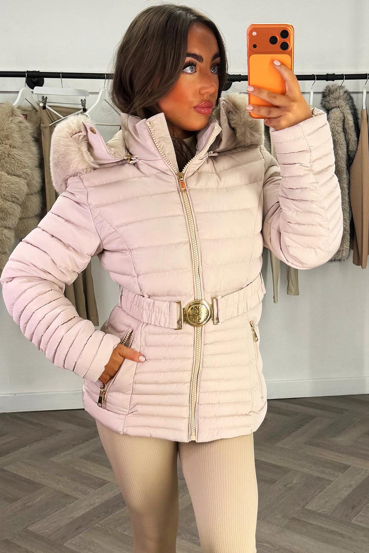 Galilea | Women’s belted puffer jacket with faux fur hood