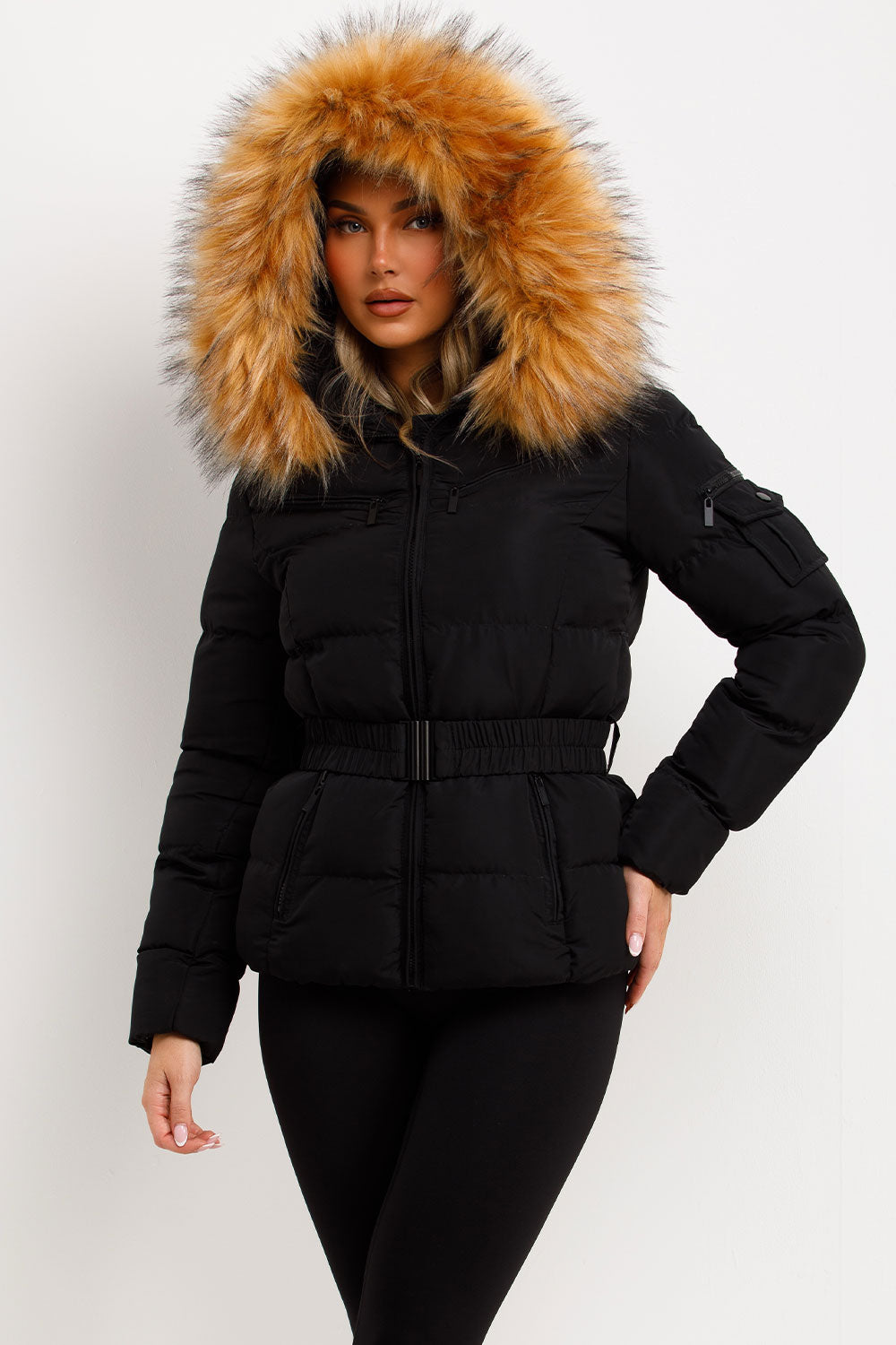 Maisyn | Women’s belted puffer jacket with faux fur hood