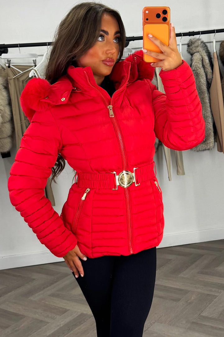 Yara | Women’s fitted puffer jacket with faux fur hood and belt