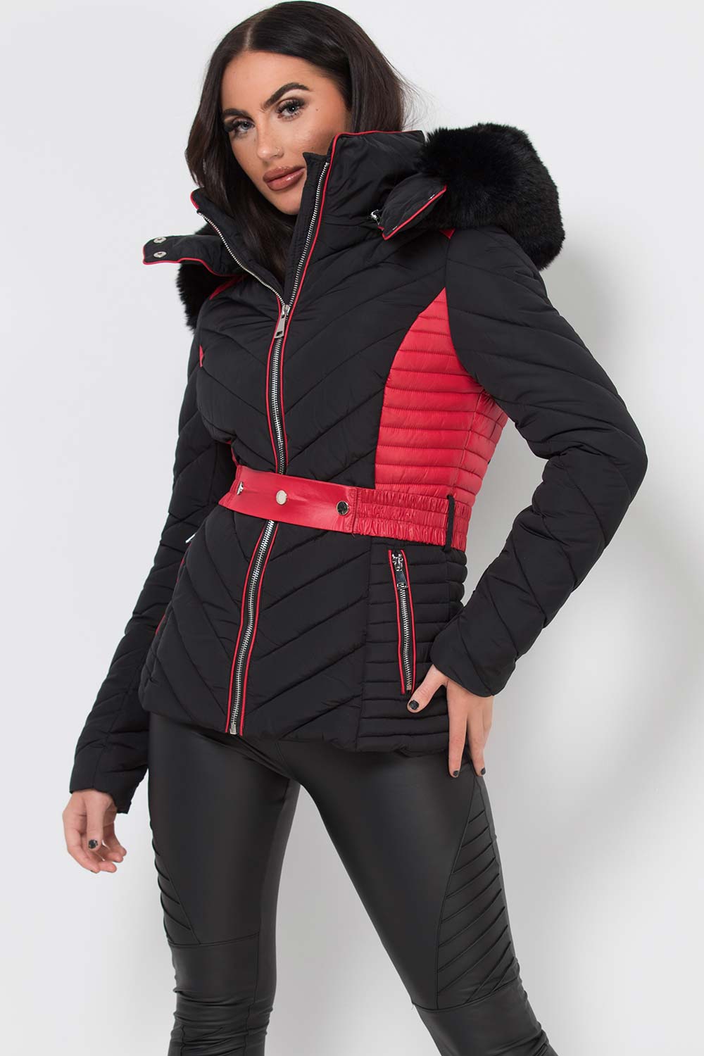 Zyriah | Women’s puffer jacket with faux fur hood and belt