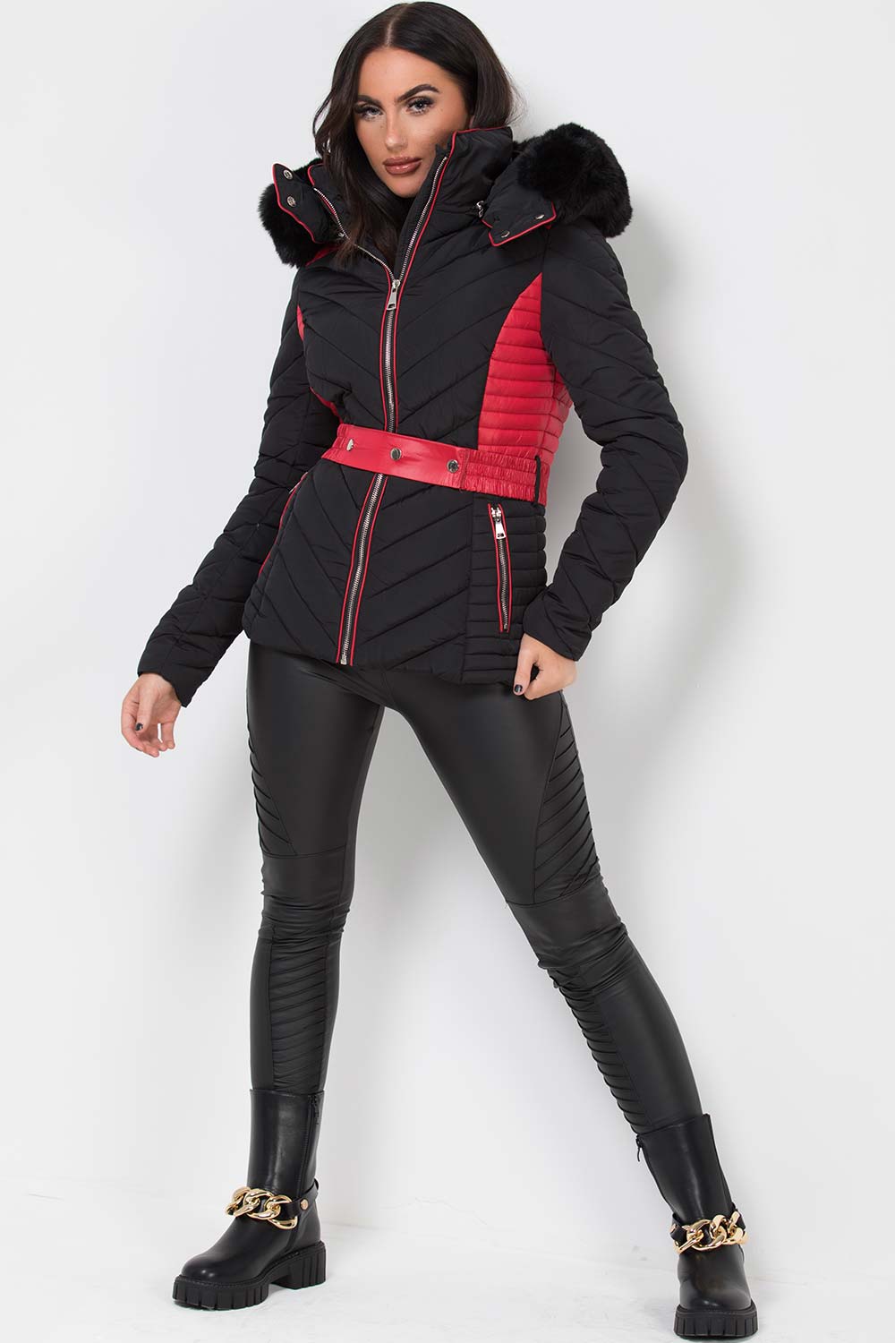 Zyriah | Women’s puffer jacket with faux fur hood and belt