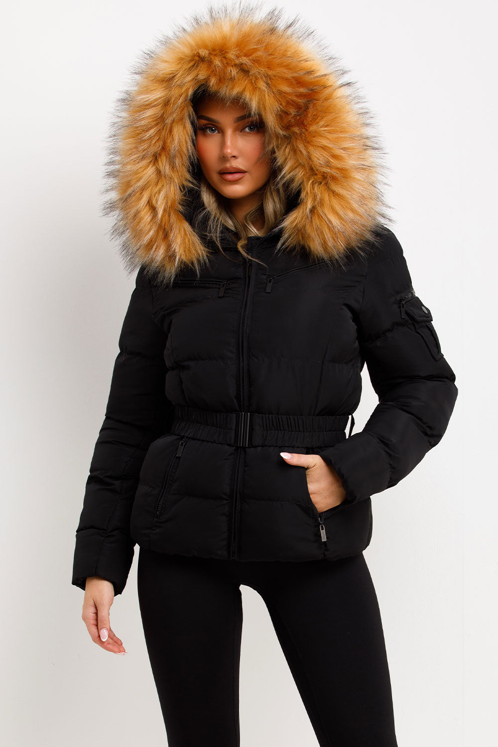 Maisyn | Women’s belted puffer jacket with faux fur hood