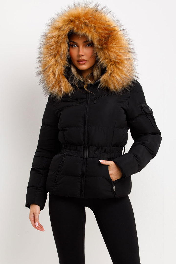 Maisyn | Women’s belted puffer jacket with faux fur hood