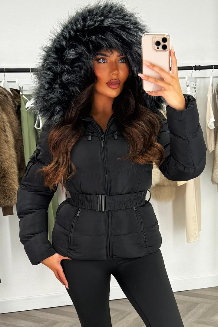 Lux | Women’s belted puffer jacket with faux-fur hood