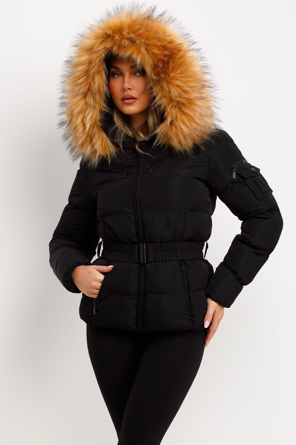 Maisyn | Women’s belted puffer jacket with faux fur hood