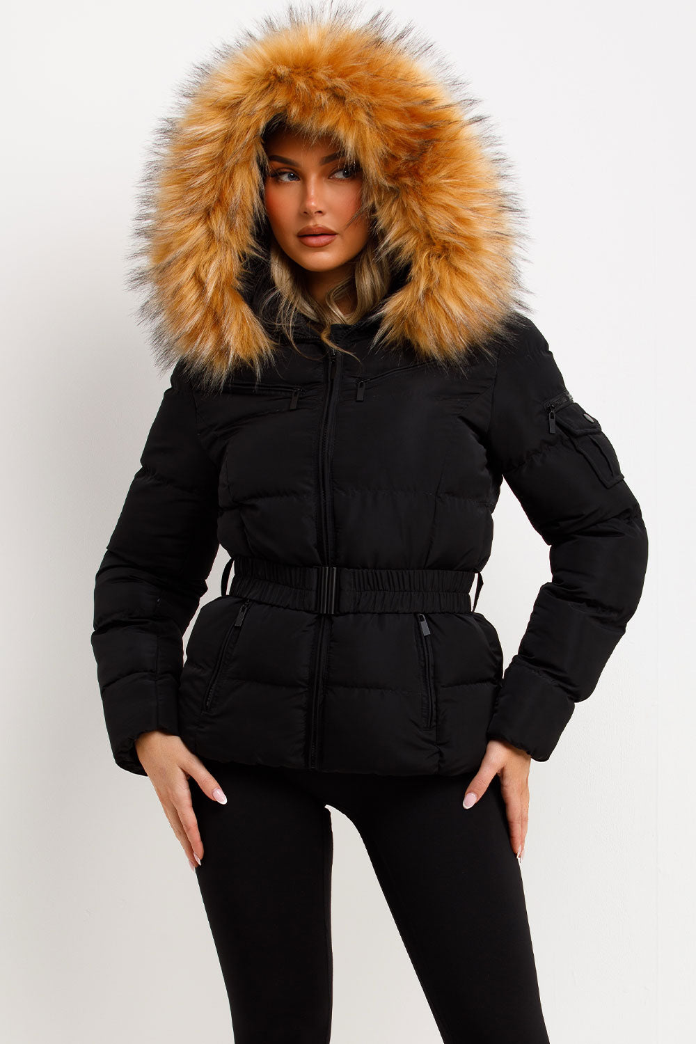 Maisyn | Women’s belted puffer jacket with faux fur hood