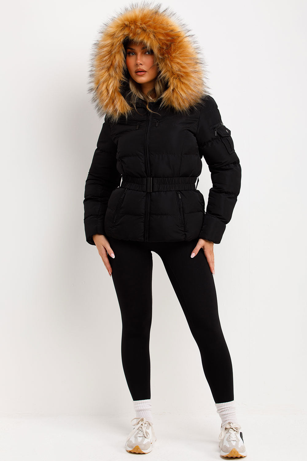 Maisyn | Women’s belted puffer jacket with faux fur hood