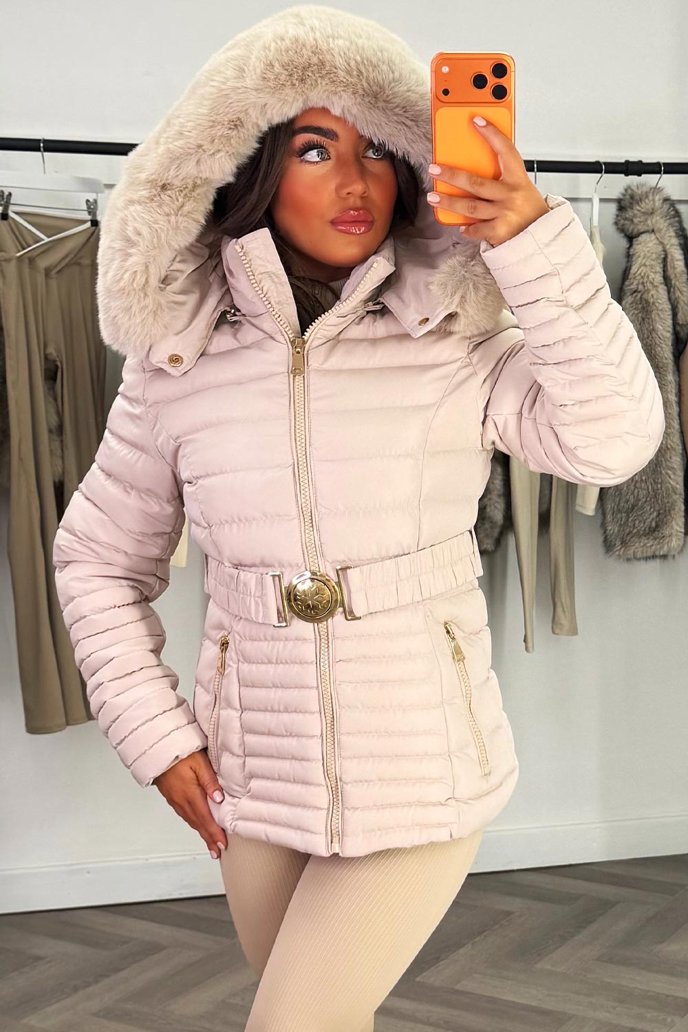 Galilea | Women’s belted puffer jacket with faux fur hood