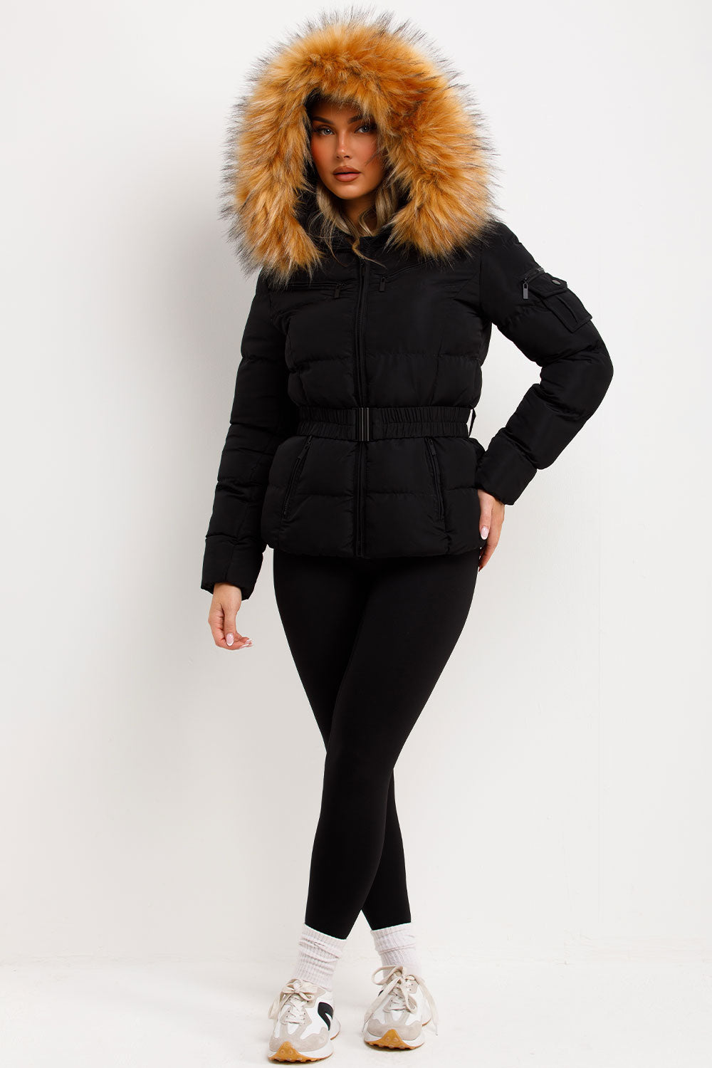 Maisyn | Women’s belted puffer jacket with faux fur hood