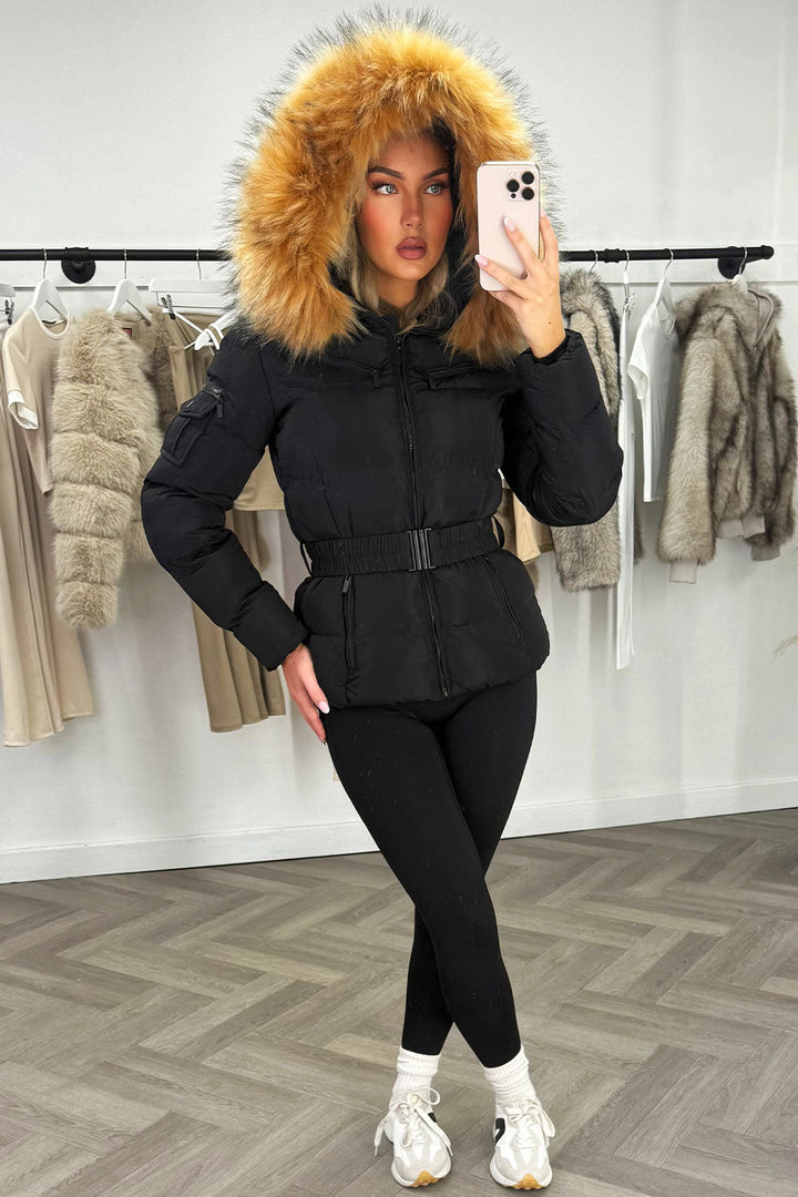 Maisyn | Women’s belted puffer jacket with faux fur hood