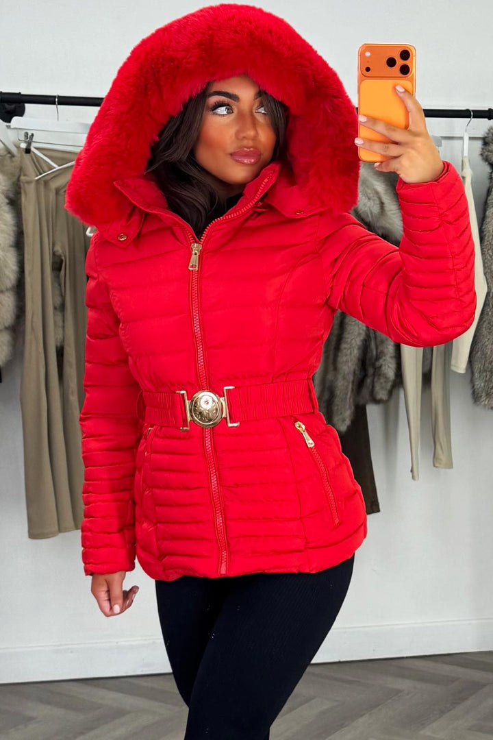 Yara | Women’s fitted puffer jacket with faux fur hood and belt