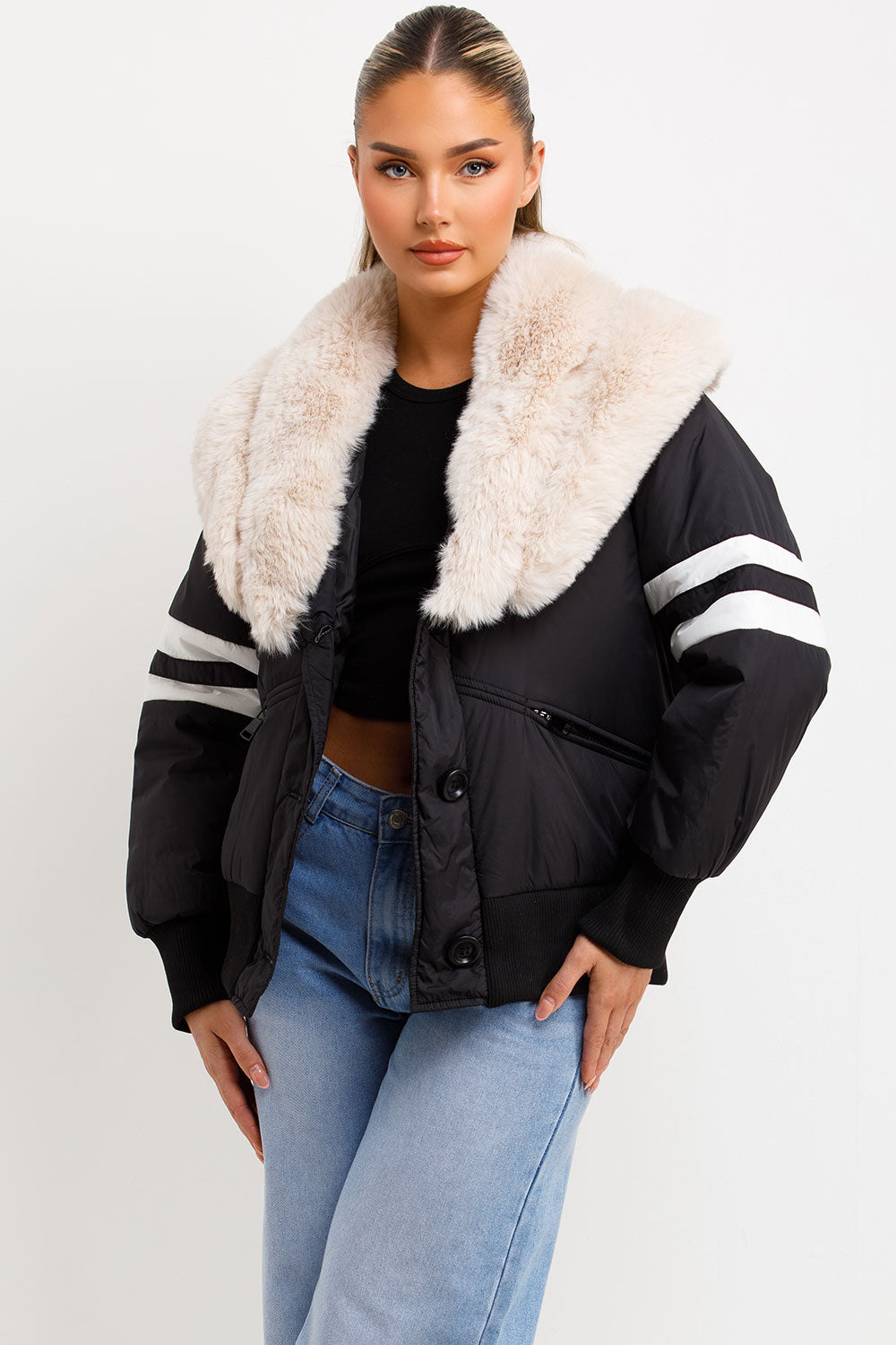 Calyra | Women’s aviator bomber jacket with faux fur collar