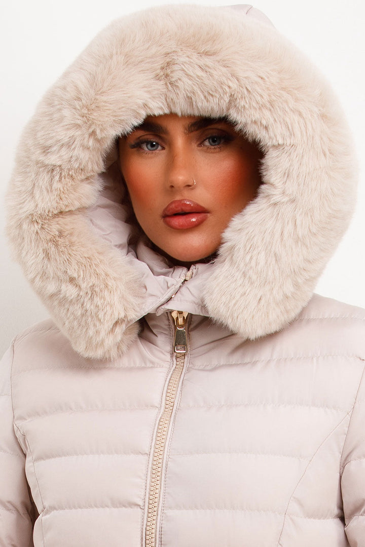 Galilea | Women’s belted puffer jacket with faux fur hood