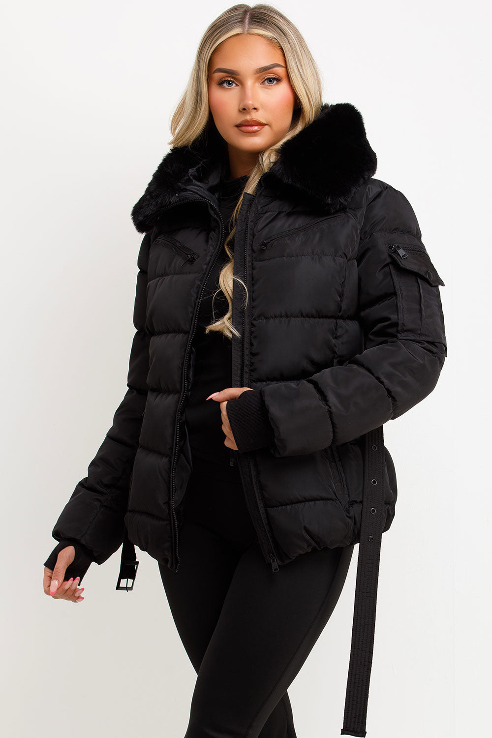 Brinlee | Women’s belted puffer jacket with faux fur hood