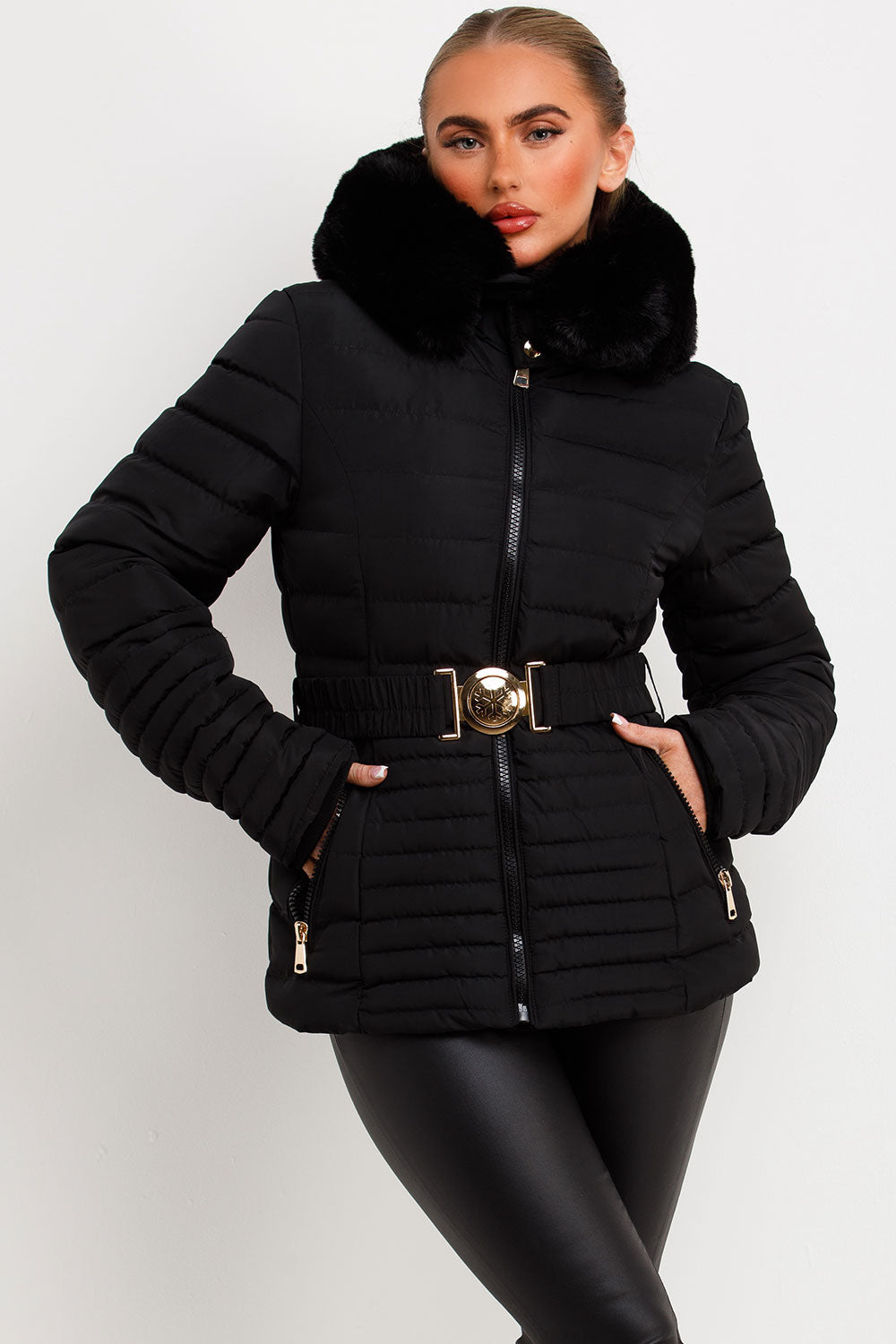Malina | Women’s belted puffer jacket with faux fur hood