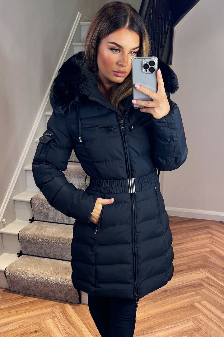 Audrina | Women’s long belted puffer coat with faux-fur hood