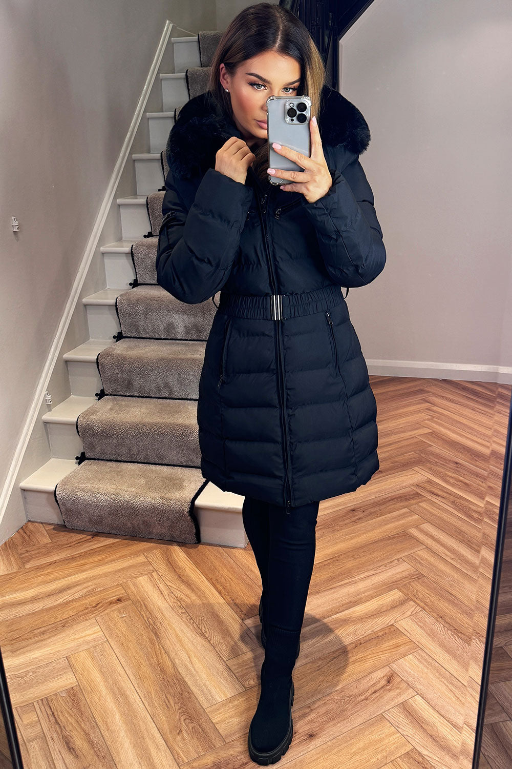 Audrina | Women’s long belted puffer coat with faux-fur hood