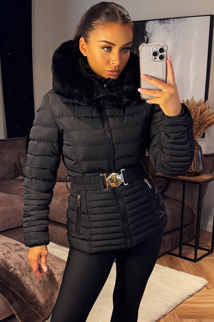 Malina | Women’s belted puffer jacket with faux fur hood