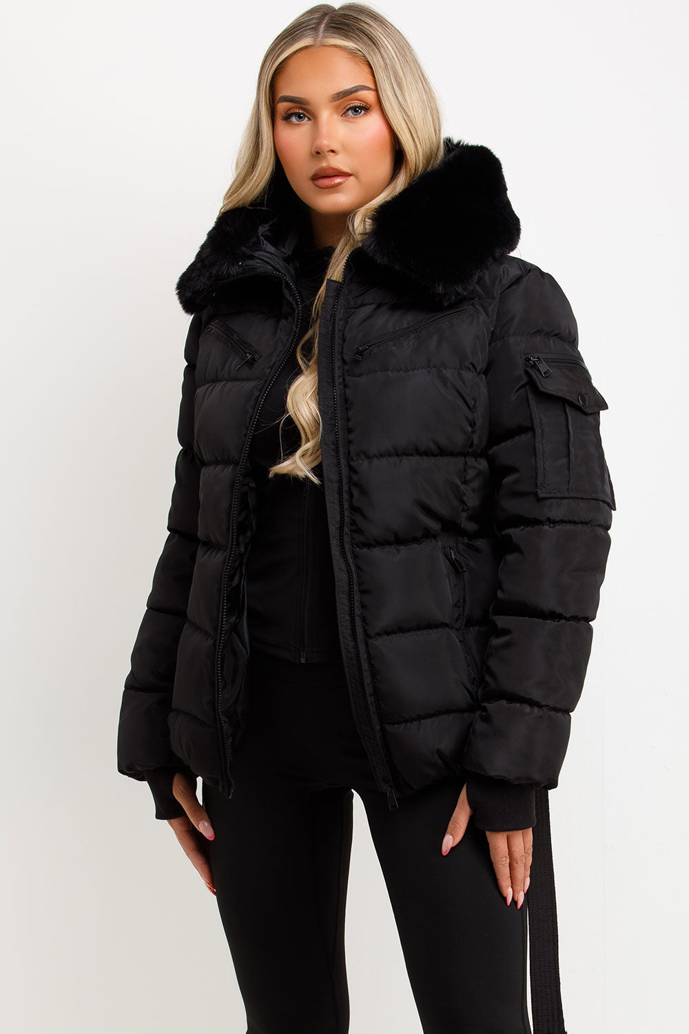 Brinlee | Women’s belted puffer jacket with faux fur hood