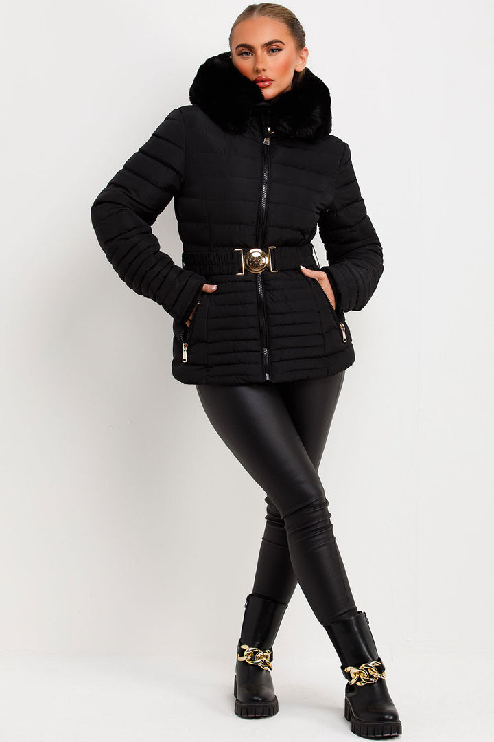Malina | Women’s belted puffer jacket with faux fur hood