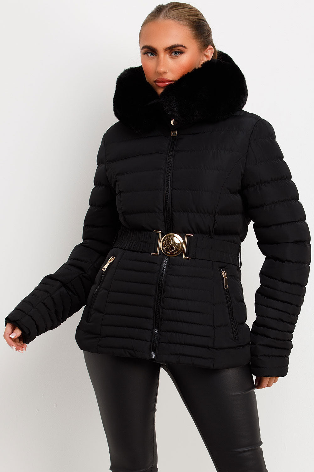 Malina | Women’s belted puffer jacket with faux fur hood