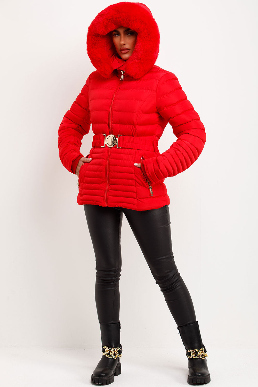 Yara | Women’s fitted puffer jacket with faux fur hood and belt