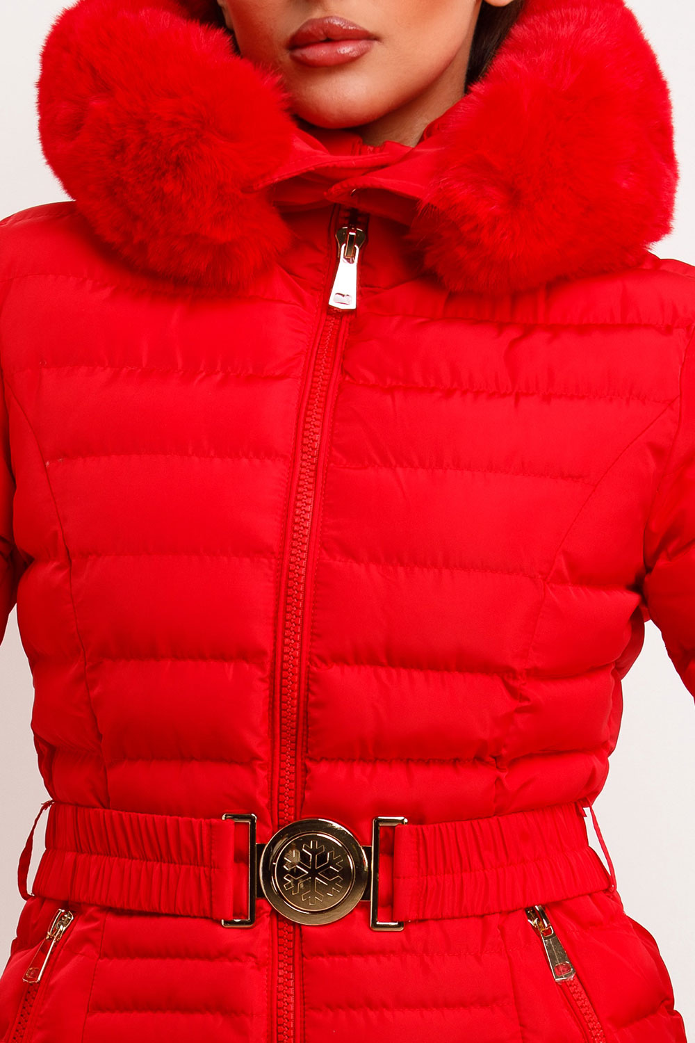 Yara | Women’s fitted puffer jacket with faux fur hood and belt