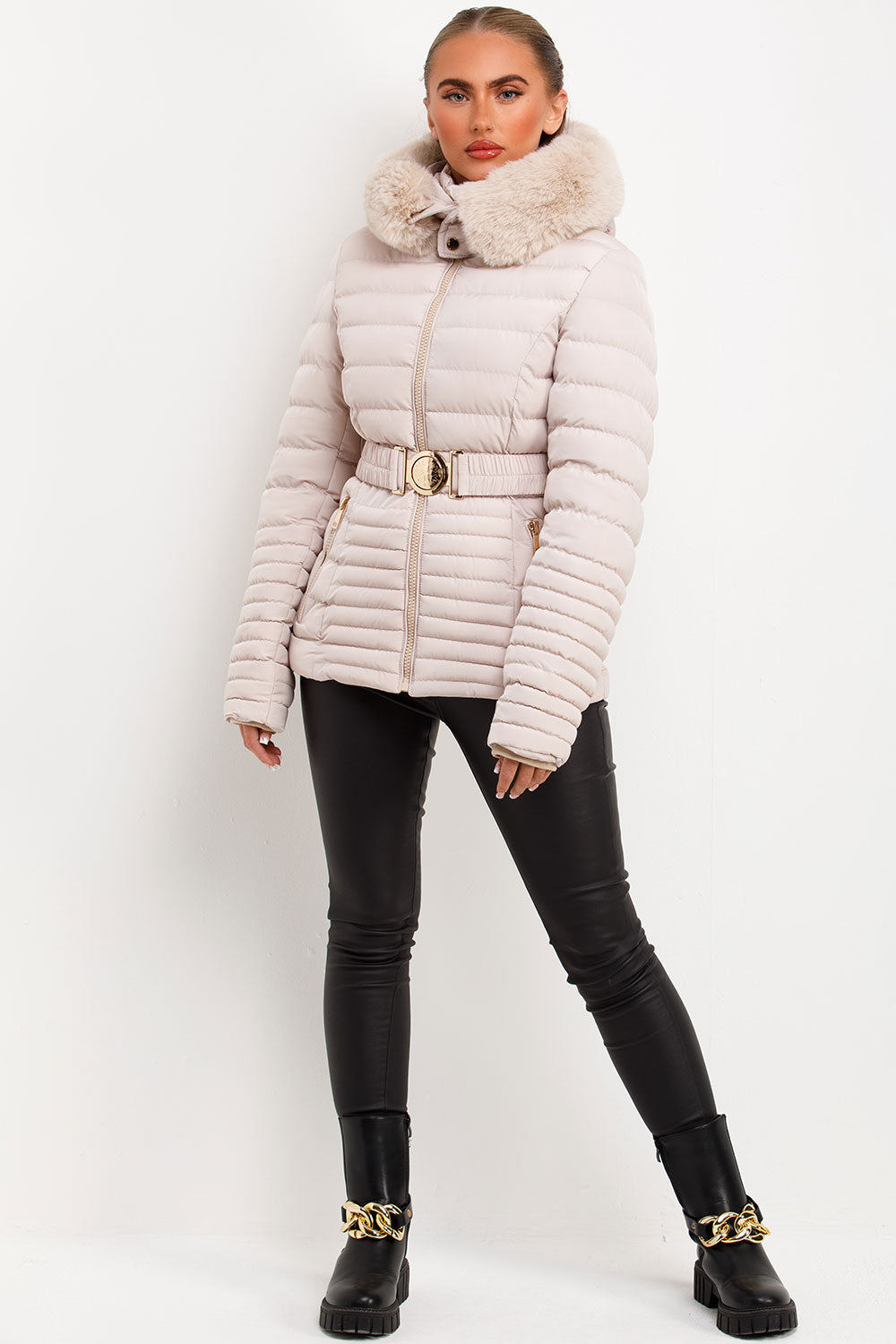 Galilea | Women’s belted puffer jacket with faux fur hood