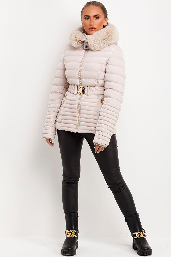 Galilea | Women’s belted puffer jacket with faux fur hood