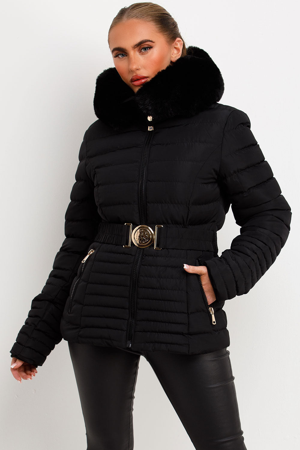 Malina | Women’s belted puffer jacket with faux fur hood