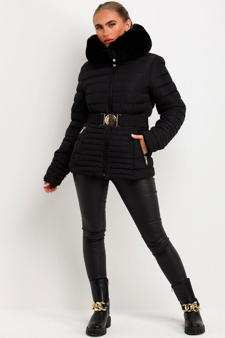 Malina | Women’s belted puffer jacket with faux fur hood