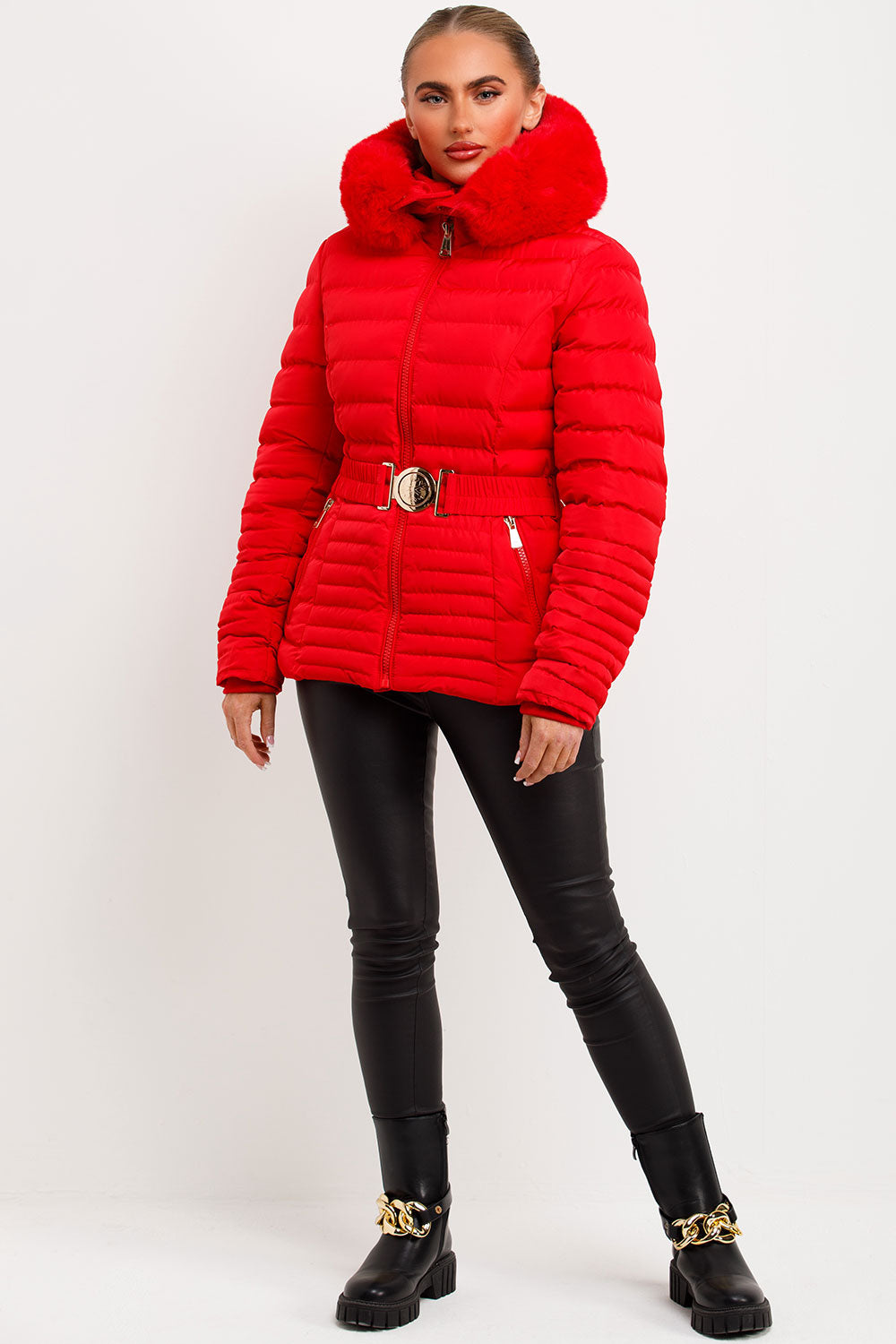 Yara | Women’s fitted puffer jacket with faux fur hood and belt