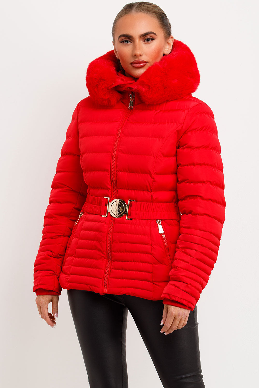 Yara | Women’s fitted puffer jacket with faux fur hood and belt