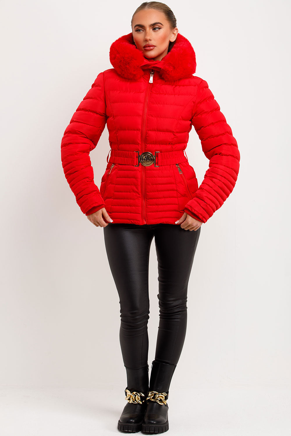 Yara | Women’s fitted puffer jacket with faux fur hood and belt