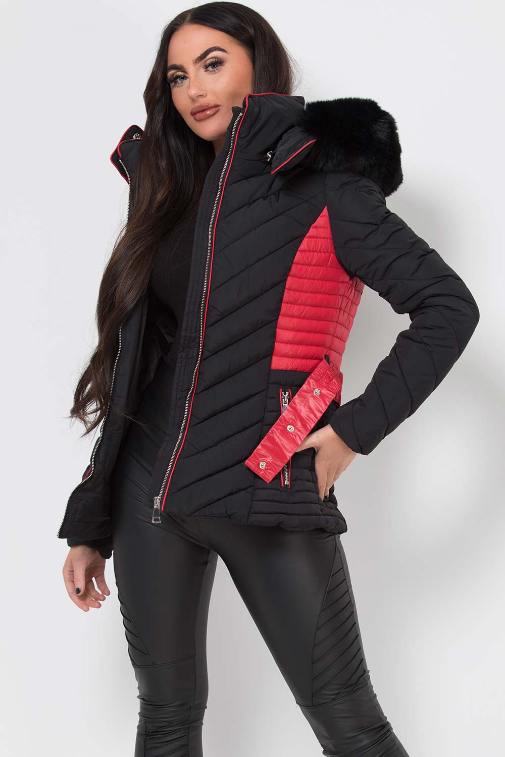 Zyriah | Women’s puffer jacket with faux fur hood and belt