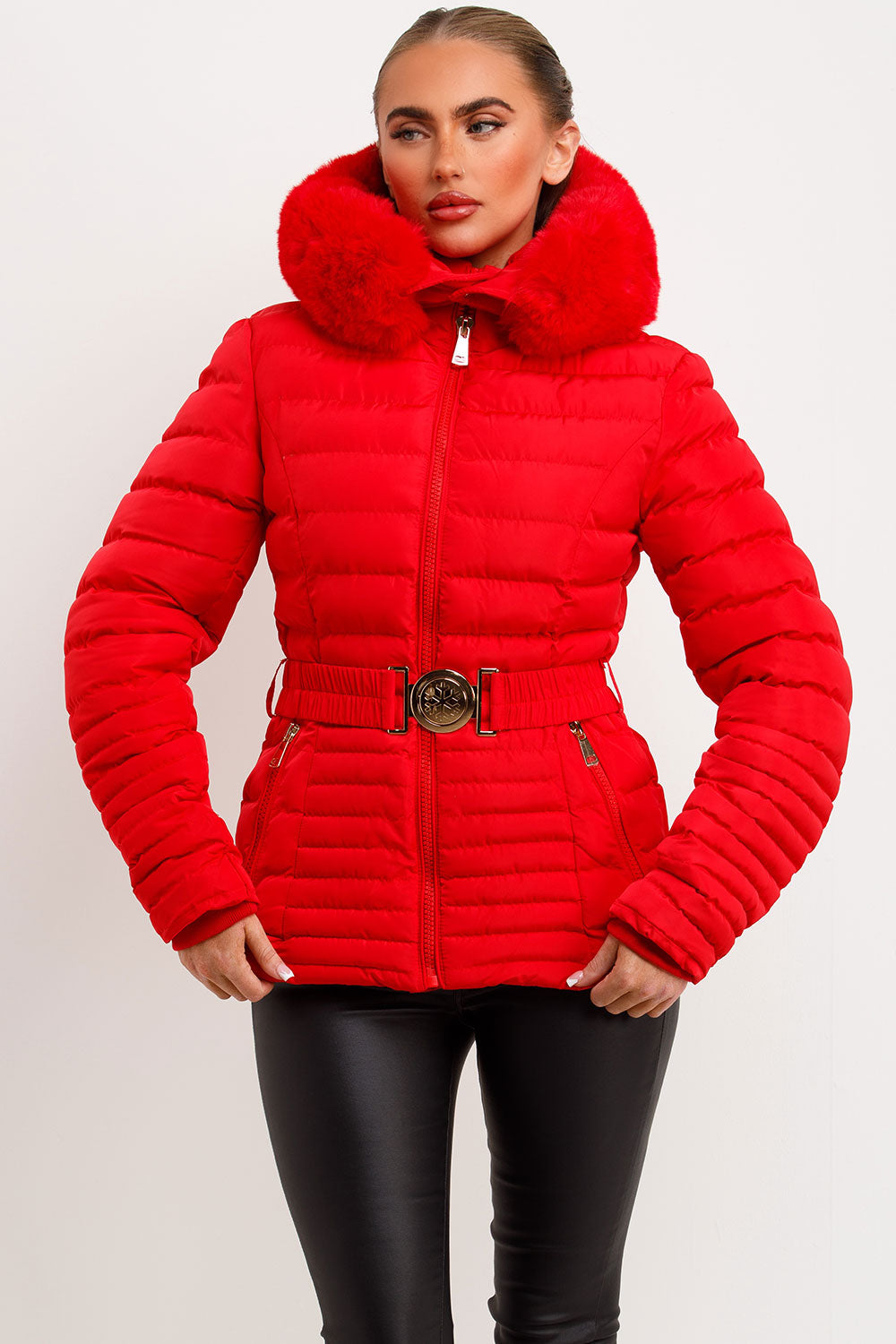 Yara | Women’s fitted puffer jacket with faux fur hood and belt