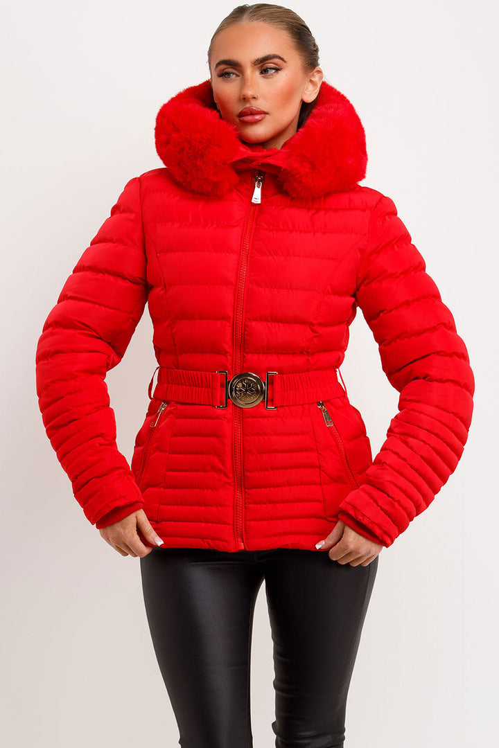 Yara | Women’s fitted puffer jacket with faux fur hood and belt