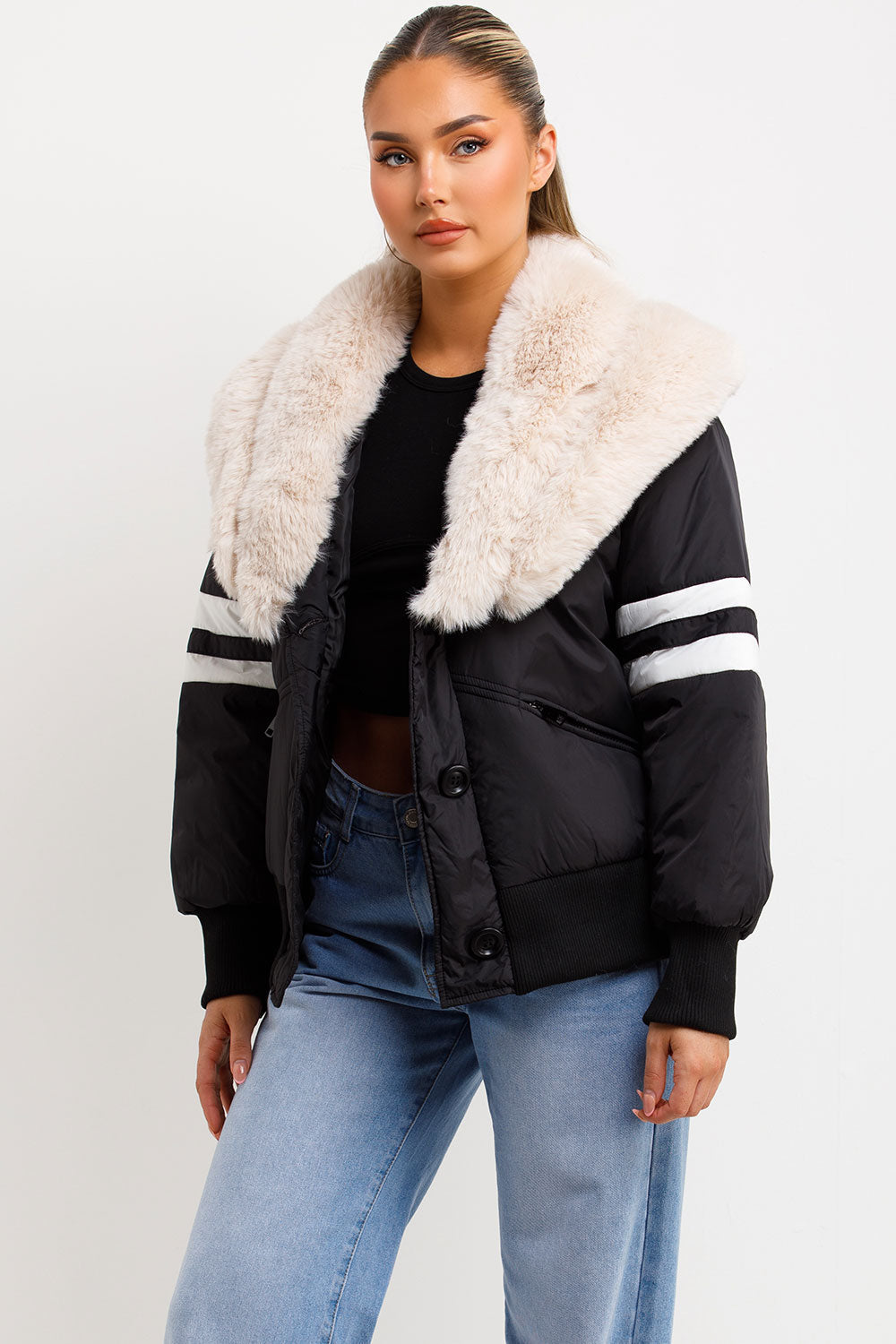 Calyra | Women’s aviator bomber jacket with faux fur collar