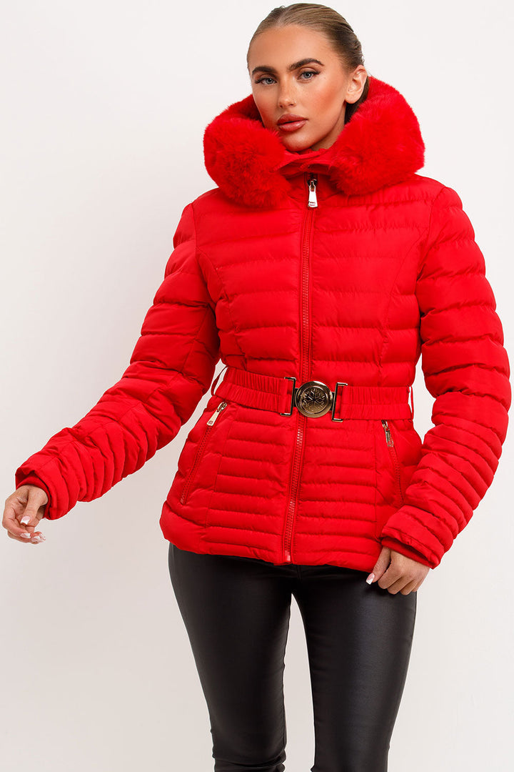 Yara | Women’s fitted puffer jacket with faux fur hood and belt