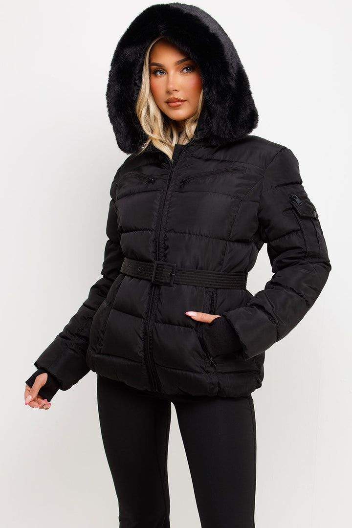 Brinlee | Women’s belted puffer jacket with faux fur hood
