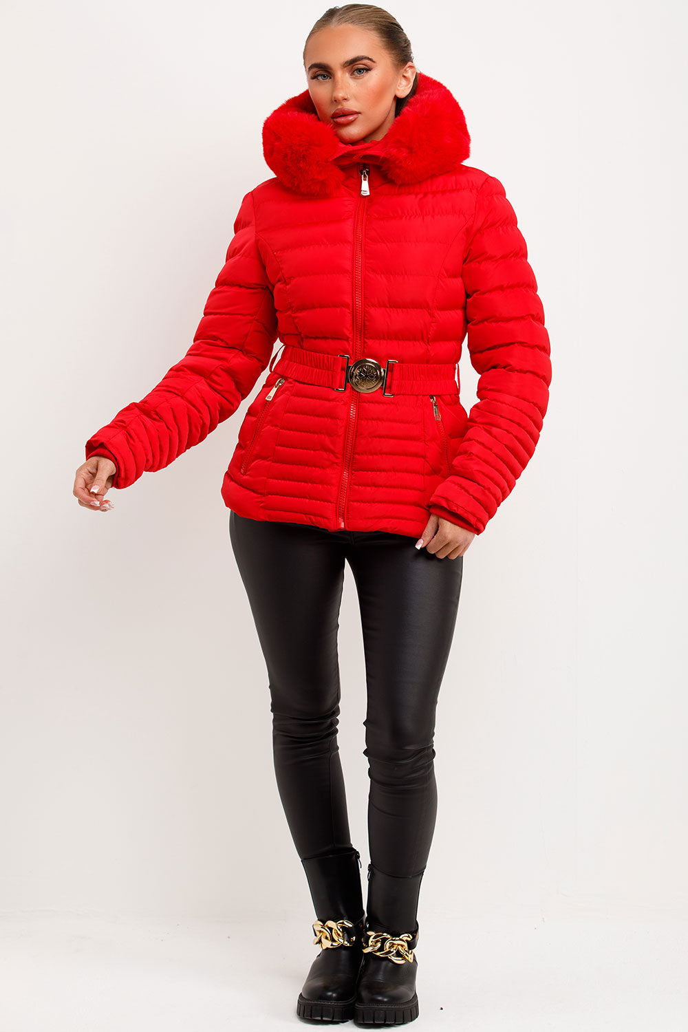 Yara | Women’s fitted puffer jacket with faux fur hood and belt
