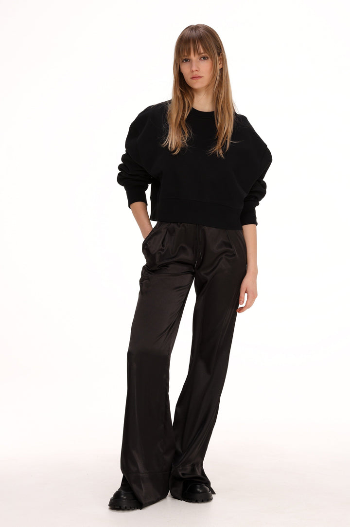 Melly | Women’s satin trousers with elastic waistband and relaxed fit