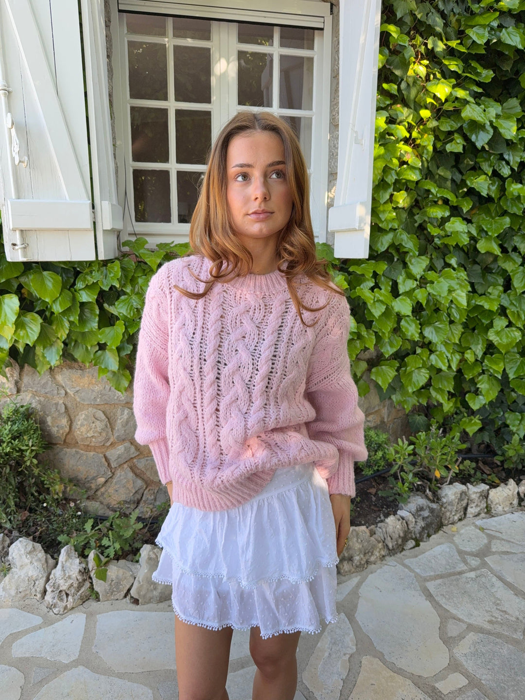 Delaney | Women’s cable knit sweater with balloon sleeve design