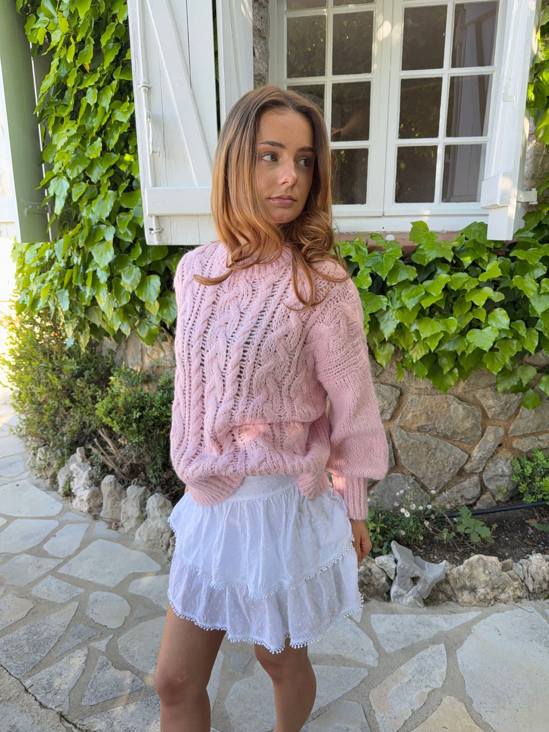 Delaney | Women’s cable knit sweater with balloon sleeve design