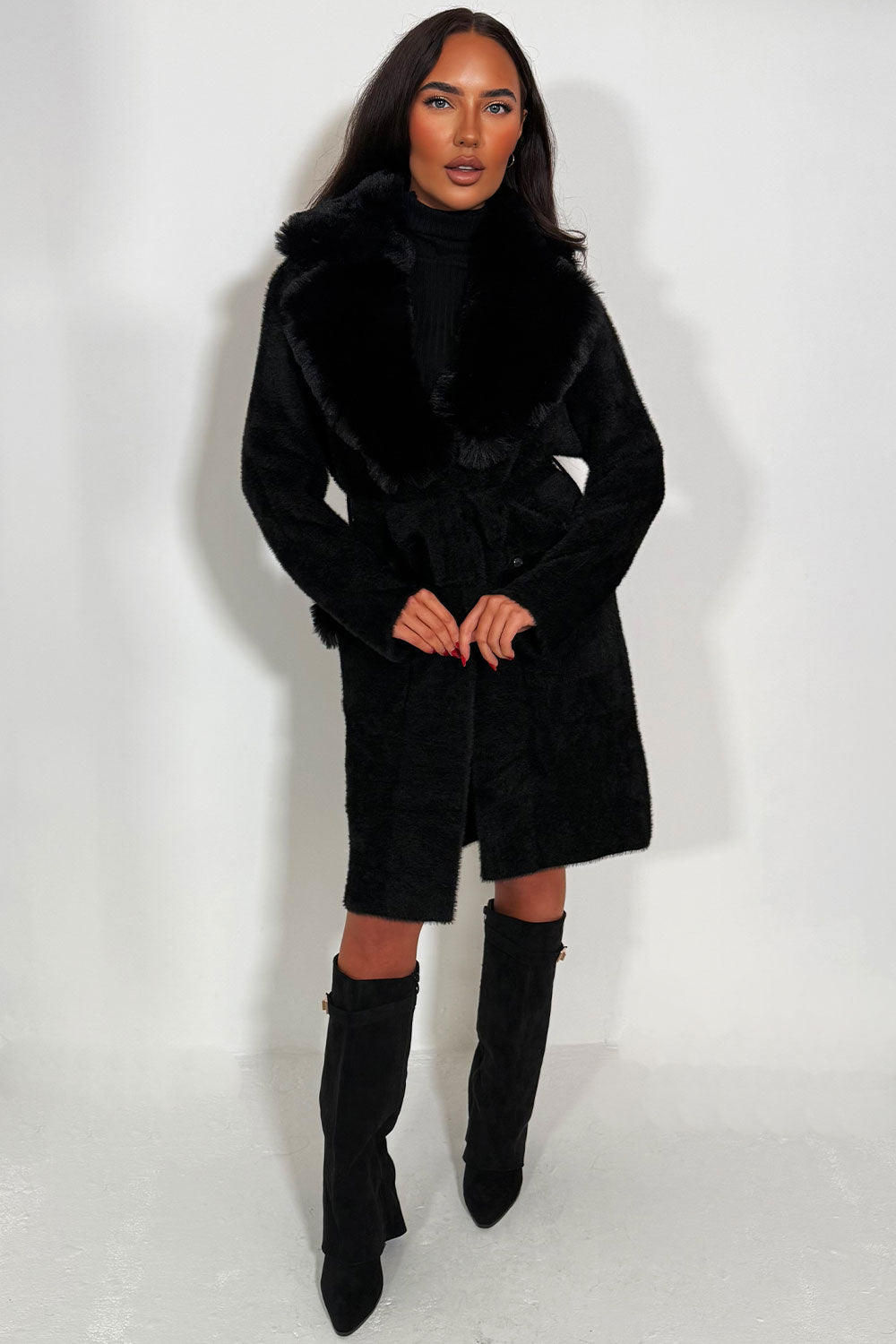 Kesslyn | Women’s belted coat with faux fur collar